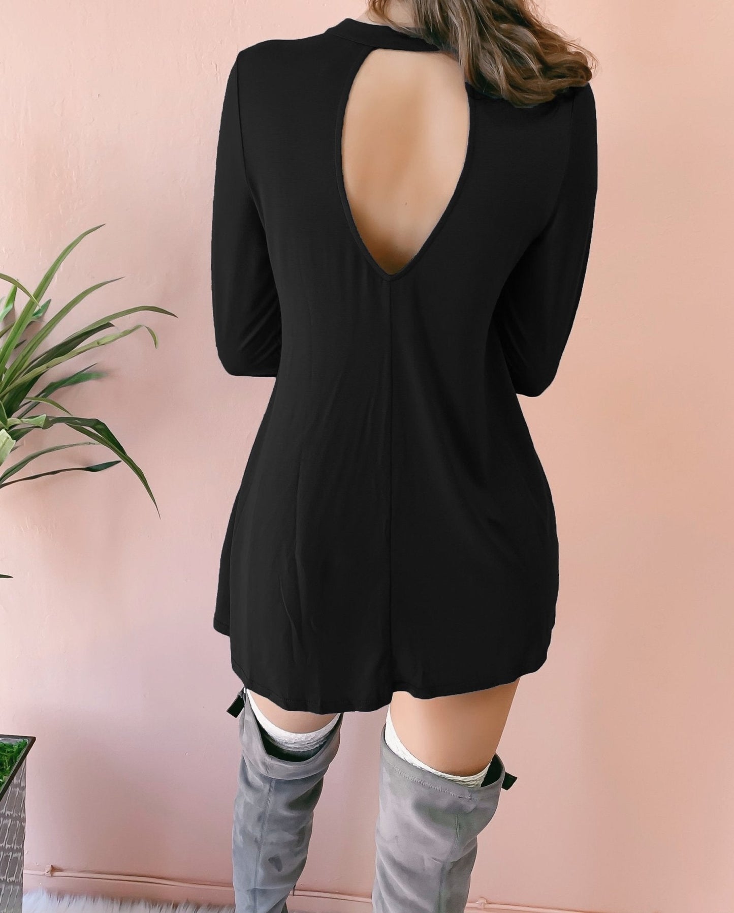 Long Sleeve V-neck Cross Open Back Dress - LuckyFash™