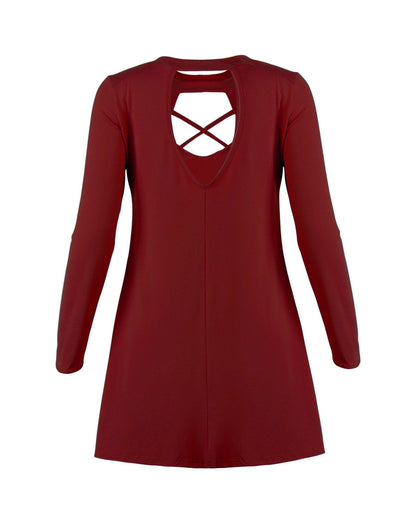 Long Sleeve V-neck Cross Open Back Dress - LuckyFash™