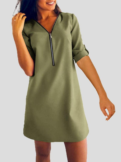 Long Sleeve V-neck Zip Loose Dress - LuckyFash™