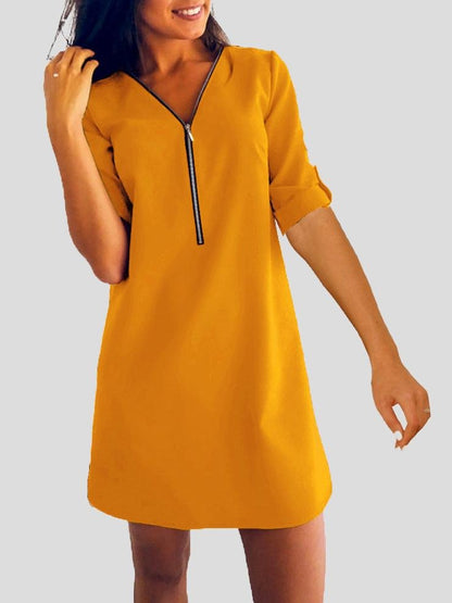 Long Sleeve V-neck Zip Loose Dress - LuckyFash™