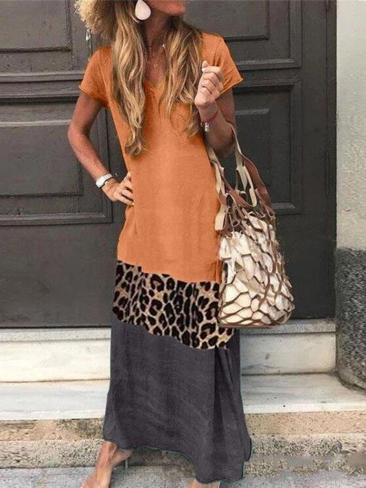 Loose Leopard Print Stitching Short Sleeve Printed V-neck Dress - LuckyFash™