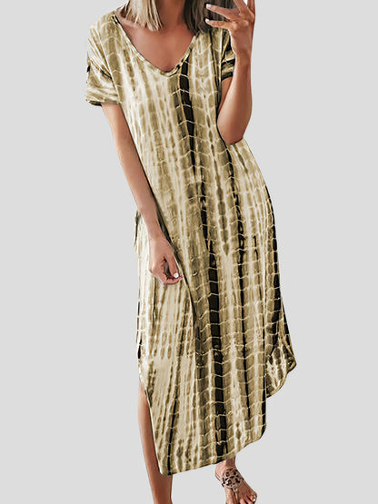 Loose Tie-Dye Printed V-Neck Split Dress - LuckyFash™