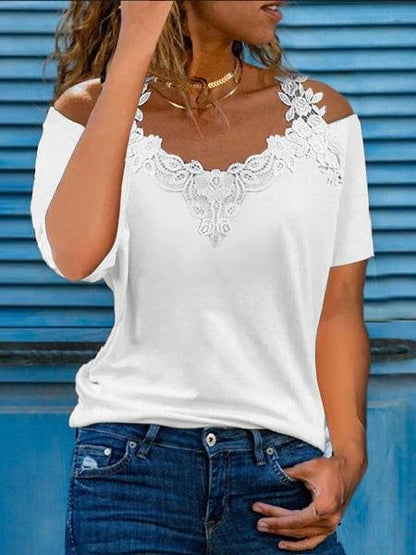 Loose V-Neck Lace Strapless Short Sleeve T-Shirts - LuckyFash™