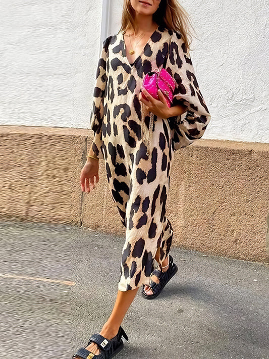 Loose V-Neck Lantern Sleeve Leopard Print Dress - LuckyFash™