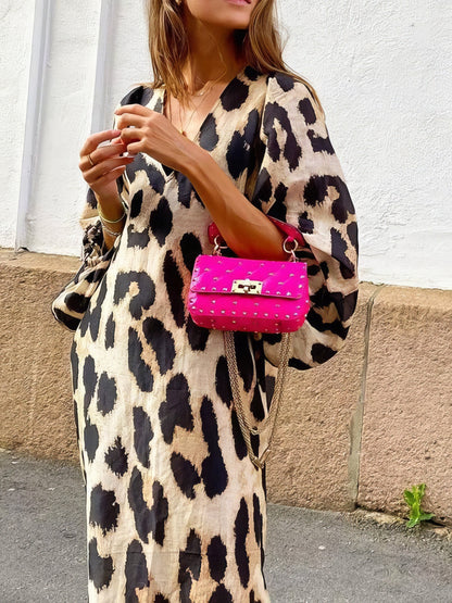 Loose V-Neck Lantern Sleeve Leopard Print Dress - LuckyFash™