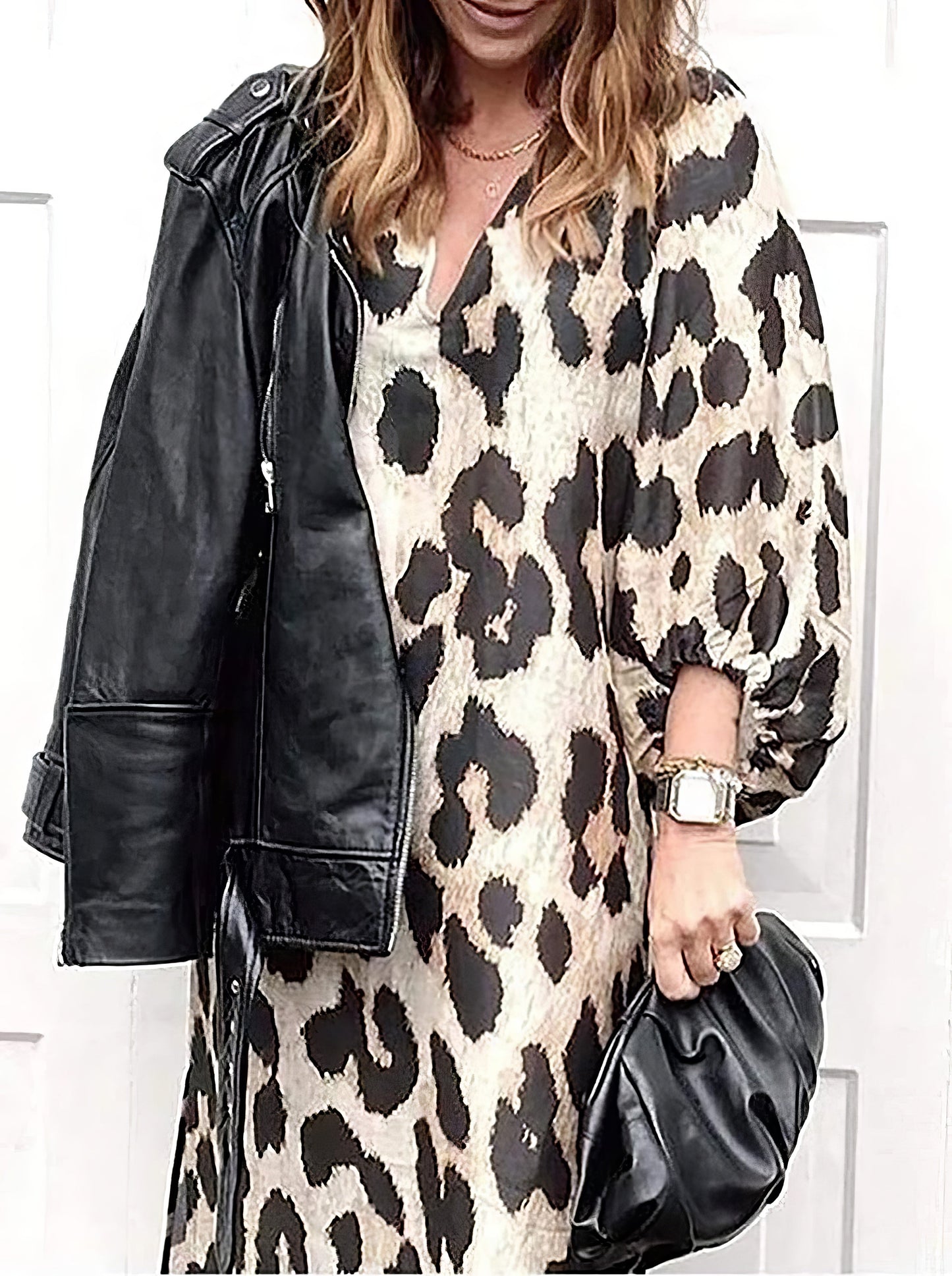 Loose V-Neck Lantern Sleeve Leopard Print Dress - LuckyFash™