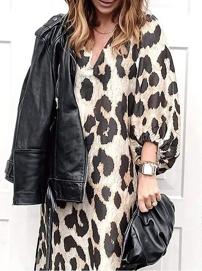 Loose V-Neck Lantern Sleeve Leopard Print Dress - LuckyFash™