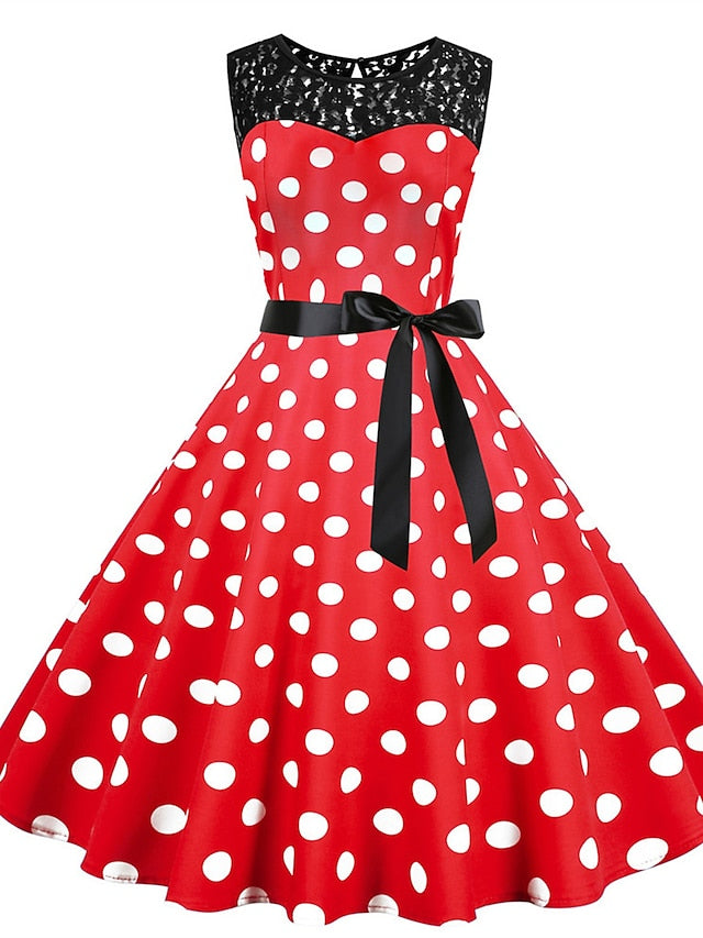 Women's Elegant Retro Vintage Dress Midi Dress Outdoor Holiday Lace Polka Dot Crew Neck Sleeveless Regular Fit Summer Spring 2023 Black White S M L XL - LuckyFash™