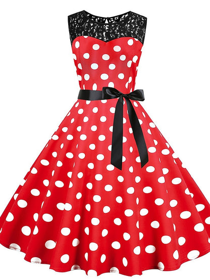 Women's Elegant Retro Vintage Dress Midi Dress Outdoor Holiday Lace Polka Dot Crew Neck Sleeveless Regular Fit Summer Spring 2023 Black White S M L XL - LuckyFash™