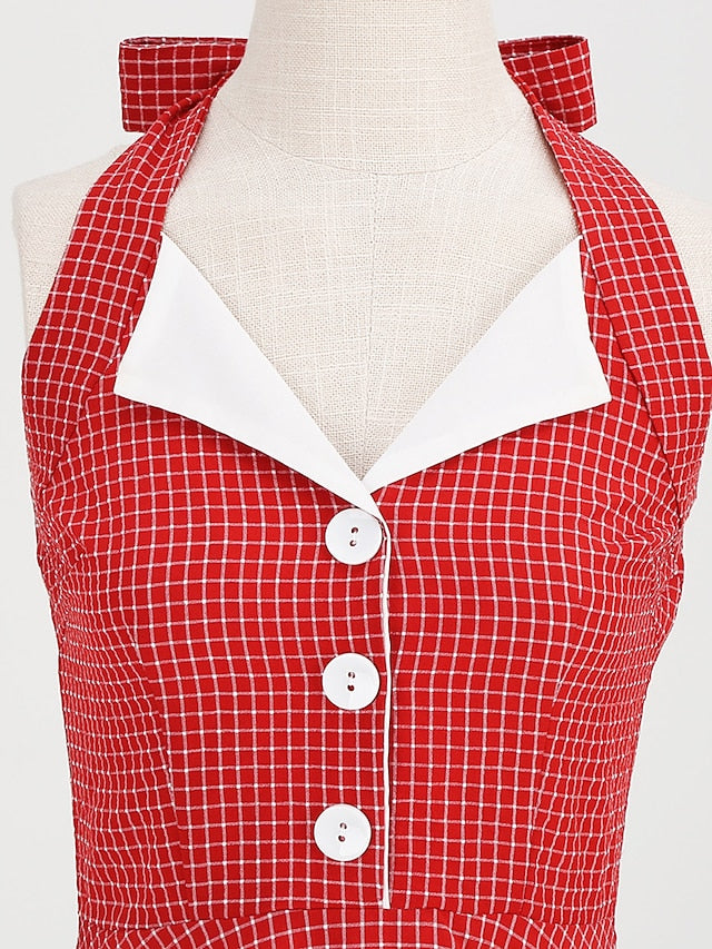 Women's Elegant Retro Vintage Dress Midi Dress Outdoor Daily Ruched Backless Plaid Halter Sleeveless Slim Summer Spring 2023 Lake blue Almond S M L XL - LuckyFash™