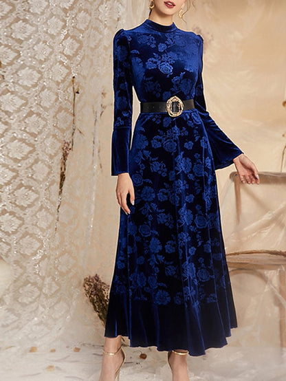 Womenâ€˜s Formal Party Dress Wedding Guest Dress Velvet Dress Red Long Dress Maxi Dress Wine Dark Blue Long Sleeve Floral Velvet Print Winter Fall Stand Collar Fashion Elegant Fall Dress 2023 S M L XL - LuckyFash™