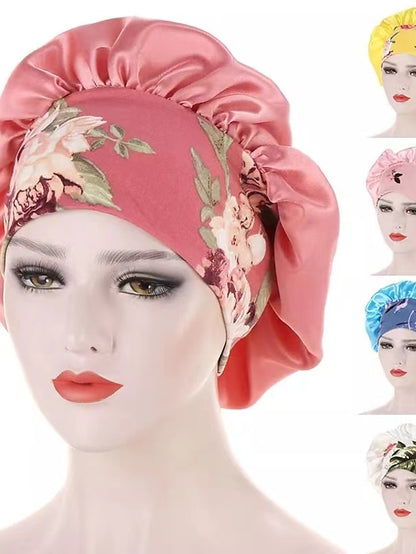 Women Satin Night Beauty Salon Sleep Cap Bonnet Hat Silk Headwrap Floral Print Wide Elastic Band Curly Springy Hair Chemo Cap Sleep Cap - LuckyFash™