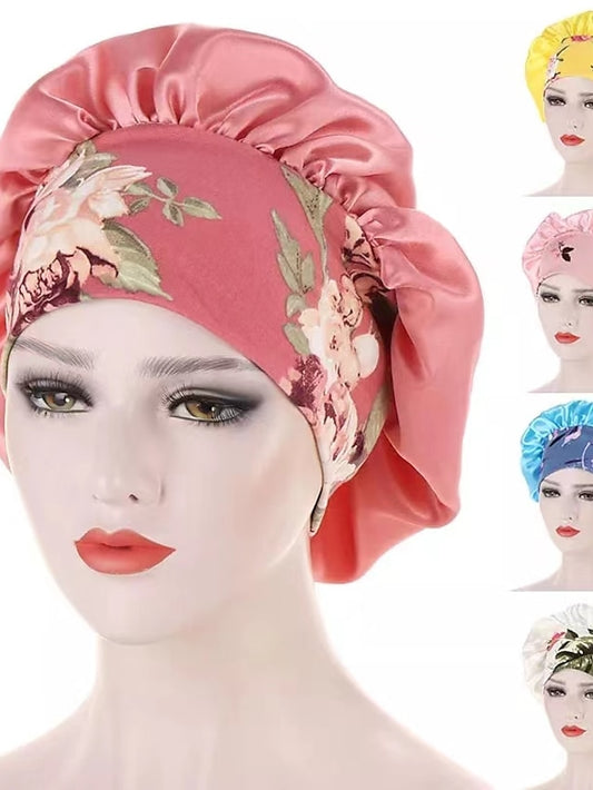 Women Satin Night Beauty Salon Sleep Cap Bonnet Hat Silk Headwrap Floral Print Wide Elastic Band Curly Springy Hair Chemo Cap Sleep Cap - LuckyFash™