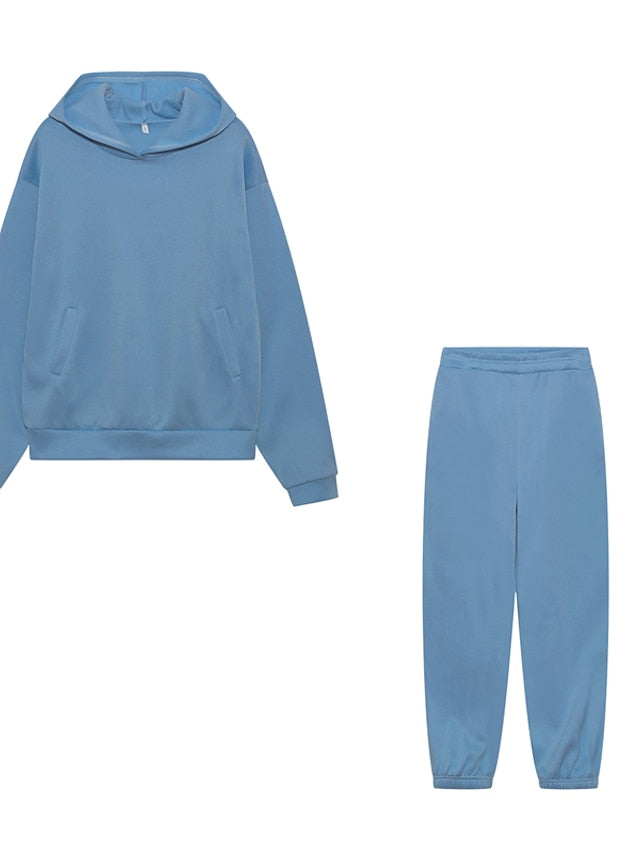 Hoodie 2 Piece Solid / Plain Color Sports Regular Winter Creamy-white ArmyGreen Big red Purple Pink for Women - LuckyFash™