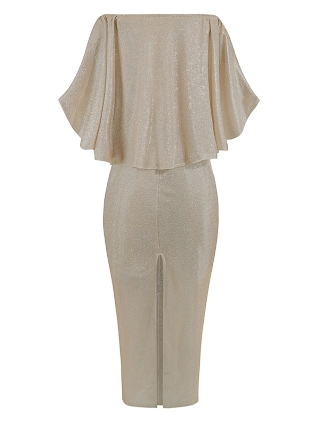 Formal Party Dress Cocktail Dress Long Dress Maxi Dress Silver Black Champagne Half Sleeve Pure Color Cold Shoulder Winter Fall Spring Off Shoulder Mature Evening Party Wedding for Women - LuckyFash™