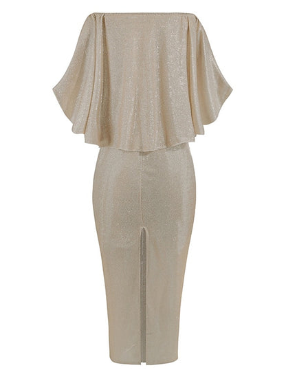 Formal Party Dress Cocktail Dress Long Dress Maxi Dress Silver Black Champagne Half Sleeve Pure Color Cold Shoulder Winter Fall Spring Off Shoulder Mature Evening Party Wedding for Women - LuckyFash™