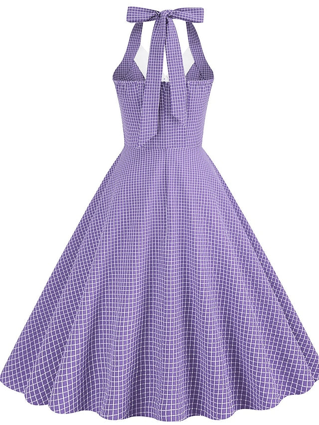 Women's Elegant Retro Vintage Dress Midi Dress Outdoor Daily Ruched Backless Plaid Halter Sleeveless Slim Summer Spring 2023 Lake blue Almond S M L XL - LuckyFash™