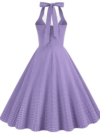 Women's Elegant Retro Vintage Dress Midi Dress Outdoor Daily Ruched Backless Plaid Halter Sleeveless Slim Summer Spring 2023 Lake blue Almond S M L XL - LuckyFash™