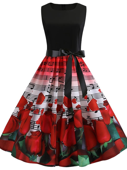 Women's Elegant Retro Vintage Tea Dresses Midi Dress Party Outdoor Patchwork Bow Floral Crew Neck Sleeveless Regular Fit Summer Spring 2023 Red S M L XL - LuckyFash™