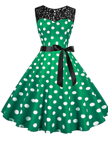 Women's Elegant Retro Vintage Dress Midi Dress Outdoor Holiday Lace Polka Dot Crew Neck Sleeveless Regular Fit Summer Spring 2023 Black White S M L XL - LuckyFash™