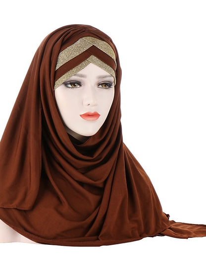 Forehead Cross Hair Wrap Scarf Solid Color Glitter Sequins Jersey Hijabs Muslim Headband Women Turban Hair Cap Headscarf - LuckyFash™