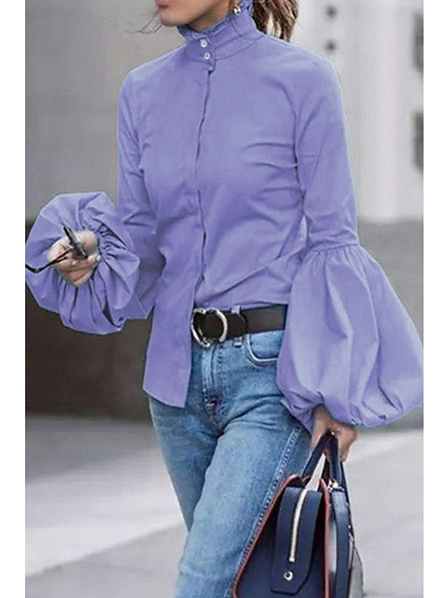 elegant turtleneck balloon sleeve work solid blouse - LuckyFash™