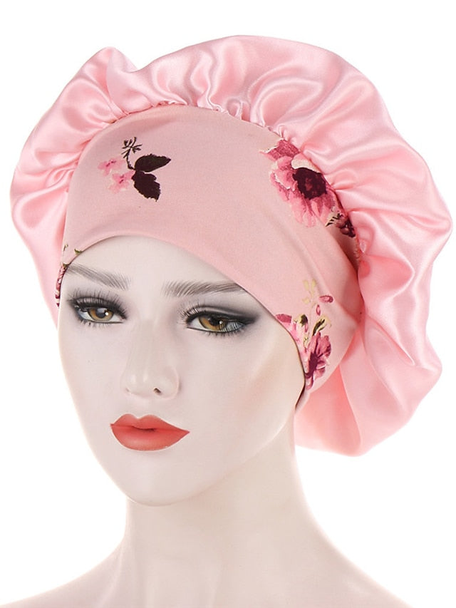 Women Satin Night Beauty Salon Sleep Cap Bonnet Hat Silk Headwrap Floral Print Wide Elastic Band Curly Springy Hair Chemo Cap Sleep Cap - LuckyFash™