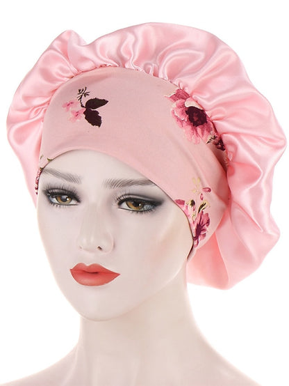 Women Satin Night Beauty Salon Sleep Cap Bonnet Hat Silk Headwrap Floral Print Wide Elastic Band Curly Springy Hair Chemo Cap Sleep Cap - LuckyFash™