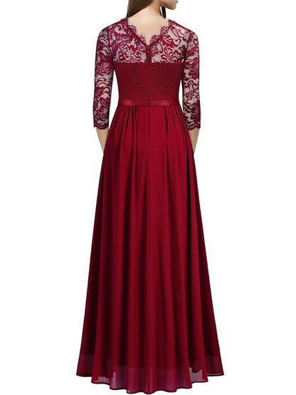 Womenâ€˜s Formal Party Dress Lace Dress Long Dress Maxi Dress Green Wine Navy Blue Black 3/4 Length Sleeve Pure Color Lace Ruched Winter Fall Crew Neck Elegant Formal Romantic 2023 S M L XL XXL - LuckyFash™