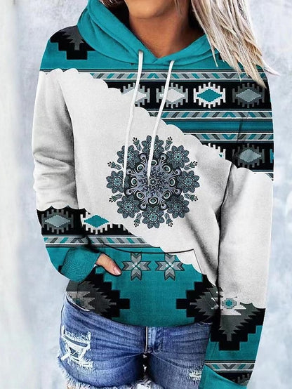 Hoodie Sweatshirt Pullover Ethnic Front Pocket dark brown Gray Green Sea Blue Geometric Street Hoodie Long Sleeve for Women - LuckyFash™