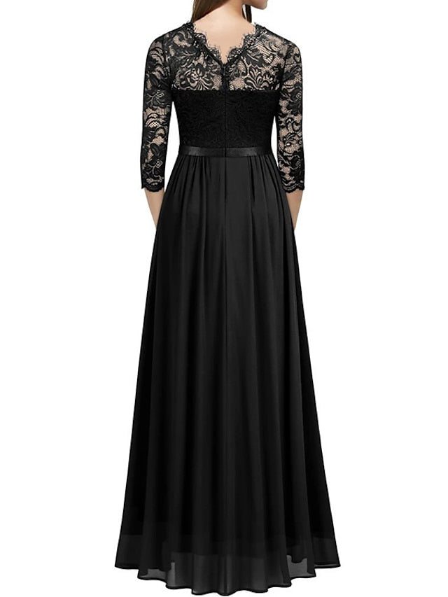 Womenâ€˜s Formal Party Dress Lace Dress Long Dress Maxi Dress Green Wine Navy Blue Black 3/4 Length Sleeve Pure Color Lace Ruched Winter Fall Crew Neck Elegant Formal Romantic 2023 S M L XL XXL - LuckyFash™