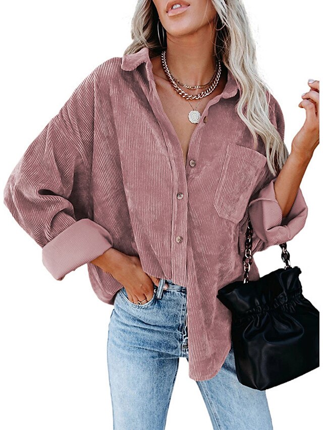 Jacket Basic Solid Colored Classic Shirt Collar Stard Spring &  Fall Light Pink Darkblue Green Purple Pink for Women - LuckyFash™