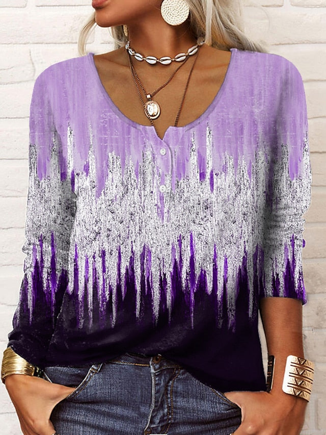 Women's Henley Shirt T shirt Tee Maroon Grass Green White Galaxy Sparkly Button Print Long Sleeve Casual Weekend Basic Round Neck Regular Painting S - LuckyFash™