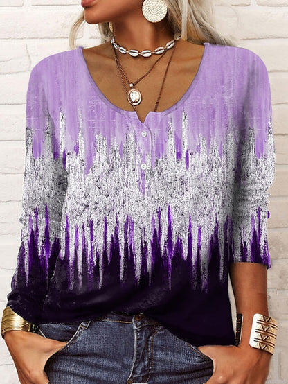 Women's Henley Shirt T shirt Tee Maroon Grass Green White Galaxy Sparkly Button Print Long Sleeve Casual Weekend Basic Round Neck Regular Painting S - LuckyFash™