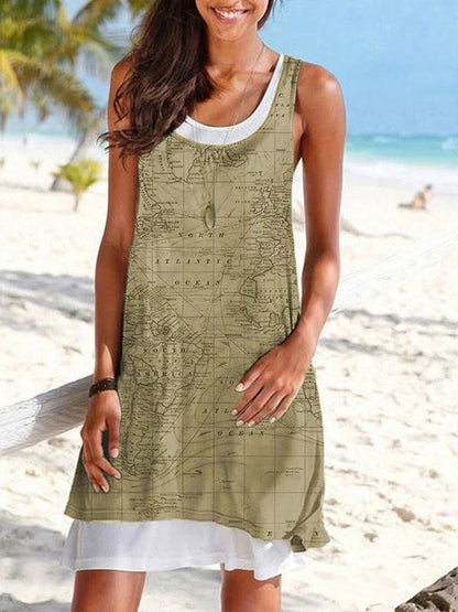 Map Printing Sleeveless Casual Fake 2 Dresses - LuckyFash™