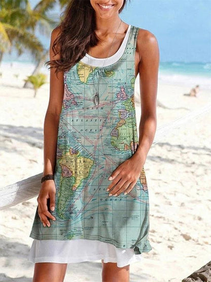 Map Printing Sleeveless Casual Fake 2 Dresses - LuckyFash™