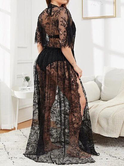 Women's Lace Dress Summer Dress Long Dress Maxi Dress Cute Sexy Lace Split Solid Color V Neck Home Lounge Black 2023 Summer Spring S M L XL - LuckyFash™