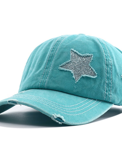 Men Washed Cotton Baseball Cap Glitter Star Embroidery Vintage Distressed Messy High Bun Ponytail Hole Trucker Hat Womens Adjustable Sun Hat - LuckyFash™