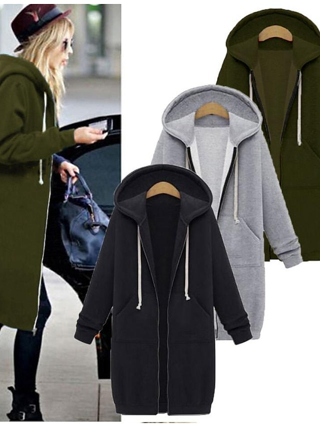 Fleece Jacket Streetwear Zip Up Front Pocket Black Blue Light Grey Solid Color Street Hoodie Long Sleeve for Women - LuckyFash™