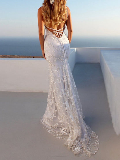 Mermaid Spaghetti Straps Lace Beach Wedding Dress - LuckyFash™