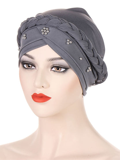 Multiple Colors Choice with Beads Women Muslim Braid Head Turban Wrap Cover Islamic Arab Cap Fashion Hair Loss Bonnet Beanies - LuckyFash™