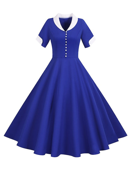 Women's Elegant Retro Vintage Tea Dresses Midi Dress Party Outdoor Patchwork Button Color Block Lapel Short Sleeve Regular Fit Summer Spring 2023 Light Blue Yellow S M L XL - LuckyFash™