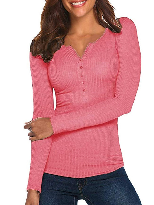 Women's Henley Shirt T shirt Tee Black White Yellow Plain Button Long Sleeve Casual Daily Basic Crew Neck Regular S - LuckyFash™