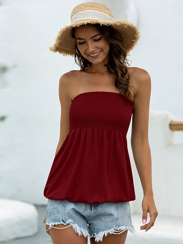 Going Out Tops Bandeau Concert Tops Black White Wine Plain Smocked Strapless Sleeveless Party Holiday Streetwear Hawaiian Sexy Strapless Regular Slim S for Women - LuckyFash™