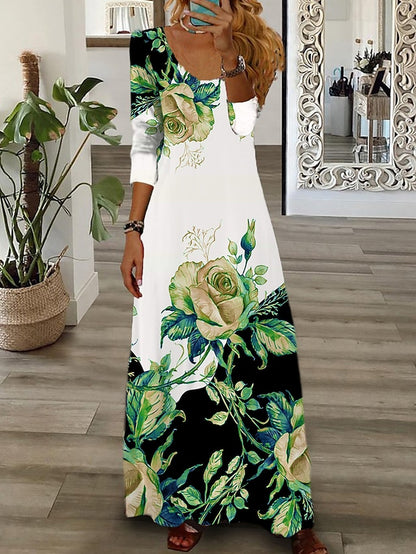Women's Floral Crew Neck Long Dress Maxi Dress Casual Dress Print Dress Casual Outdoor Daily Weekend Print Long Sleeve Dress Regular Fit White Fall Spring S M L XL XXL - LuckyFash™