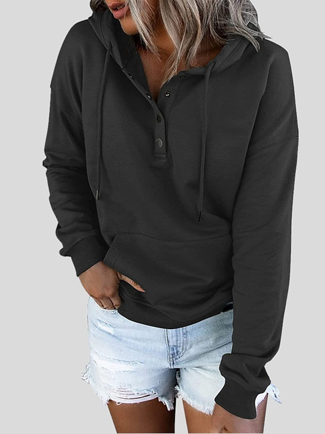 Women's Hoodie Pullover Button Up Hoodie Casual Wine Red Black Blue Solid Color Plain Casual Hooded Long Sleeve - LuckyFash™