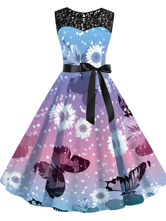 Women's Elegant Holiday Vintage Formal Dress Midi Formal Dress Outdoor Daily Lace Bow Floral Crew Neck Sleeveless Regular Fit Summer Spring 2023 Yellow Blue S M L XL - LuckyFash™