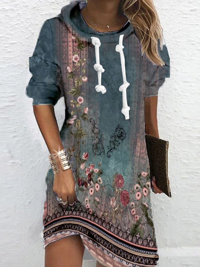 Womenâ€˜s Hoodie Dress Winter Dress Sweatshirt Dress Winter Dress  Green Blue Purple Long Sleeve Floral Print Winter Fall Hooded Vacation Casual Fall Dress 2022 S M L XL XXL 3XL - LuckyFash™