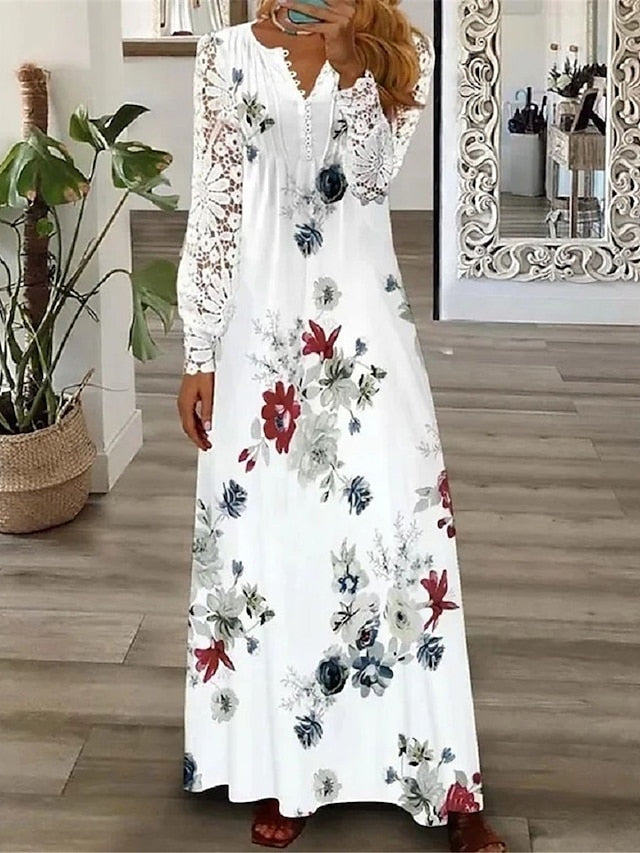 Floral Lace Pleated Dresses Eyelet Long Dress Maxi Dress A Line Dress Print Dress Fashion Casual Outdoor Daily Button Long Sleeve V Neck Regular Fit White Pink Red Spring Summer S M L XL for Women - LuckyFash™