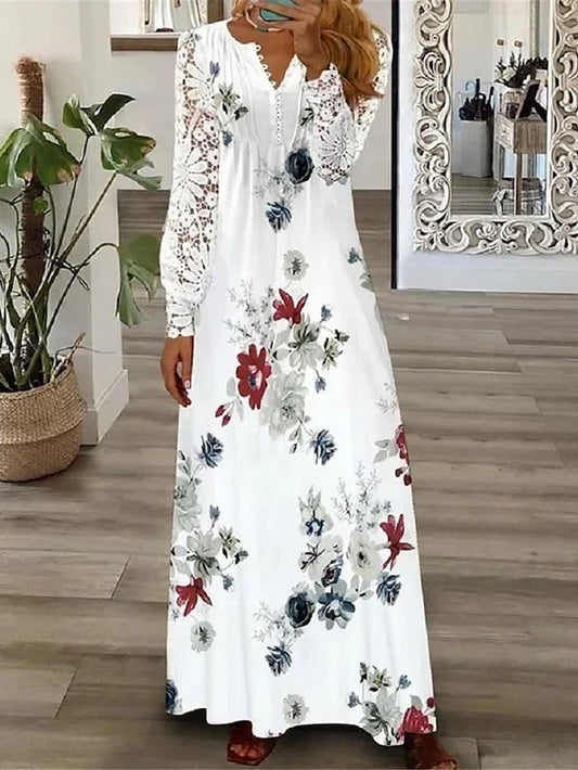 Floral Lace Pleated Dresses Eyelet Long Dress Maxi Dress A Line Dress Print Dress Fashion Casual Outdoor Daily Button Long Sleeve V Neck Regular Fit White Pink Red Spring Summer S M L XL for Women - LuckyFash™